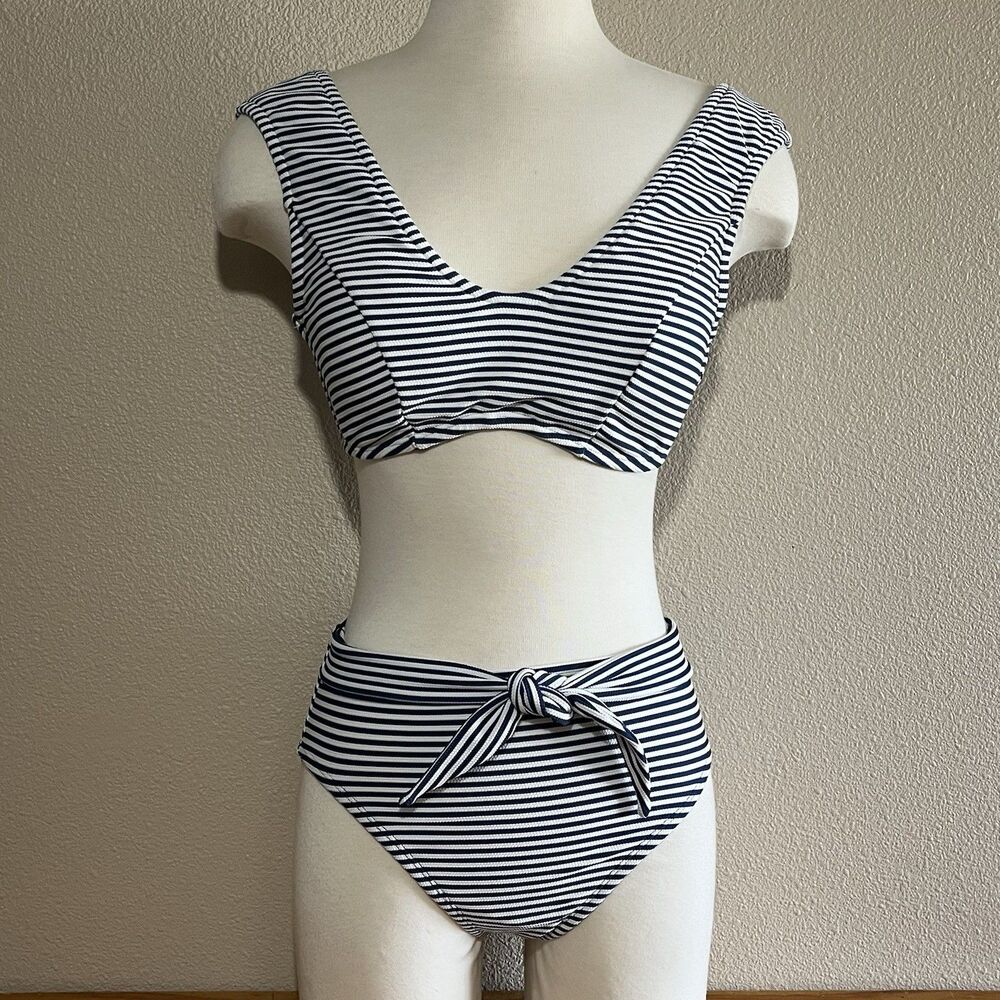 Striped Bikini S-M White Navy High Waist Costal Nautical Retro Swim Resort Wear